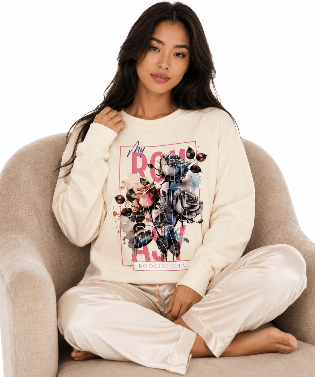 Cream unisex sweatshirt with pink and purple watercolor roses and "My Romantasy Era" design for romantasy readers