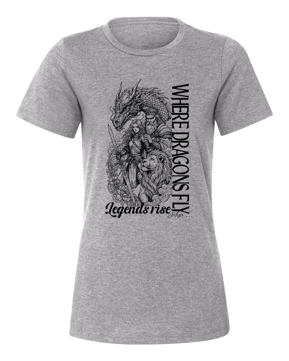 Gray t-shirt with dragon graphic and text 'Where dragons fly, legends rise' on a white background