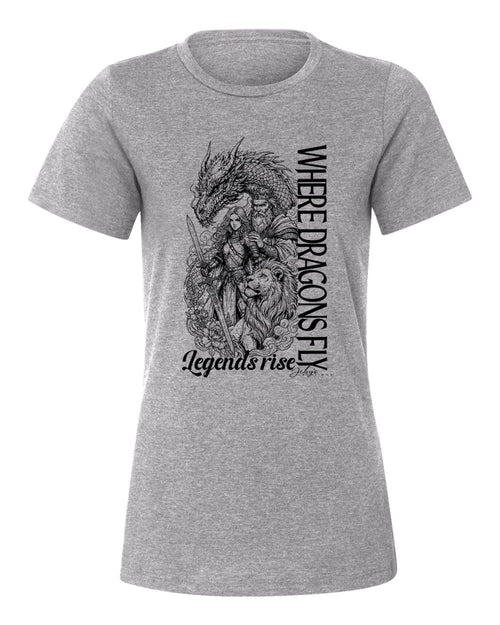 Gray t-shirt with dragon graphic and text 'Where dragons fly, legends rise' on a white background