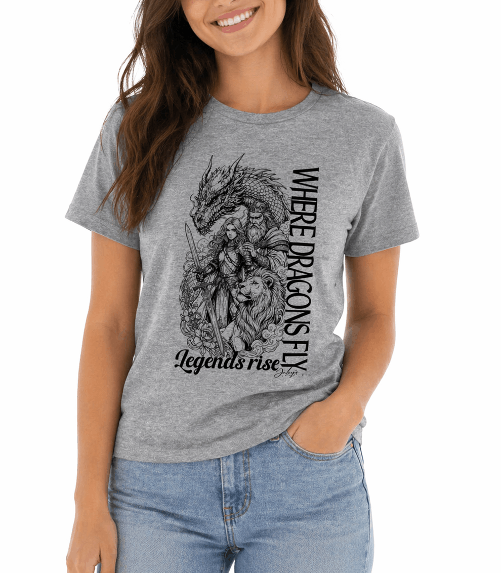 Person wearing a gray t-shirt with a dragon graphic and text on a white background