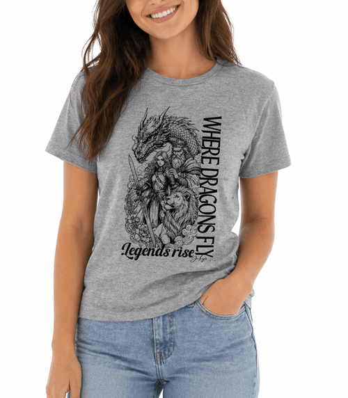 Person wearing a gray t-shirt with a dragon graphic and text on a white background