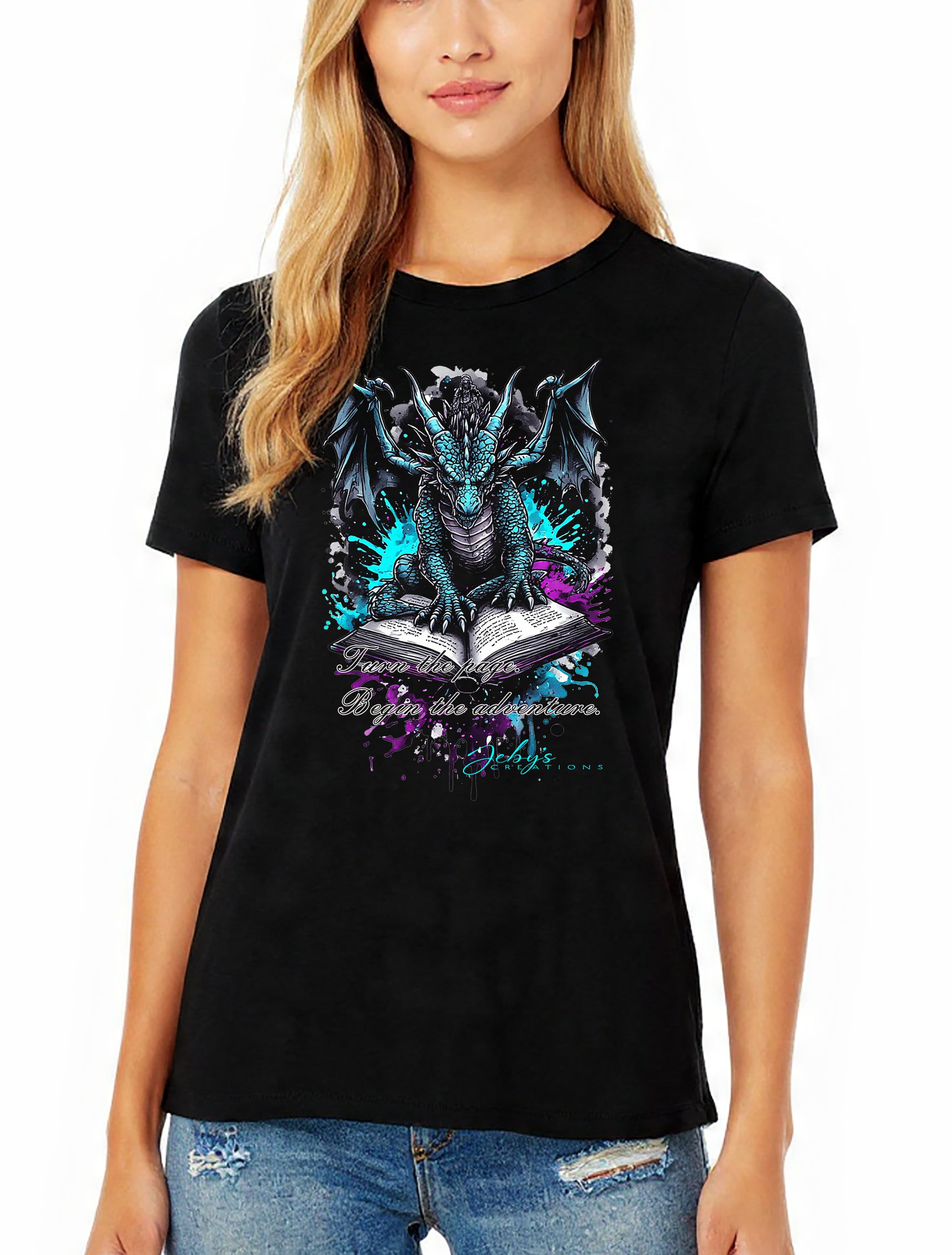 Person wearing a black t-shirt with a dragon graphic design on a white background