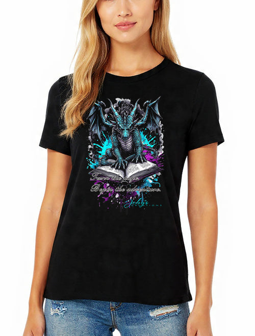 Person wearing a black t-shirt with a dragon graphic design on a white background