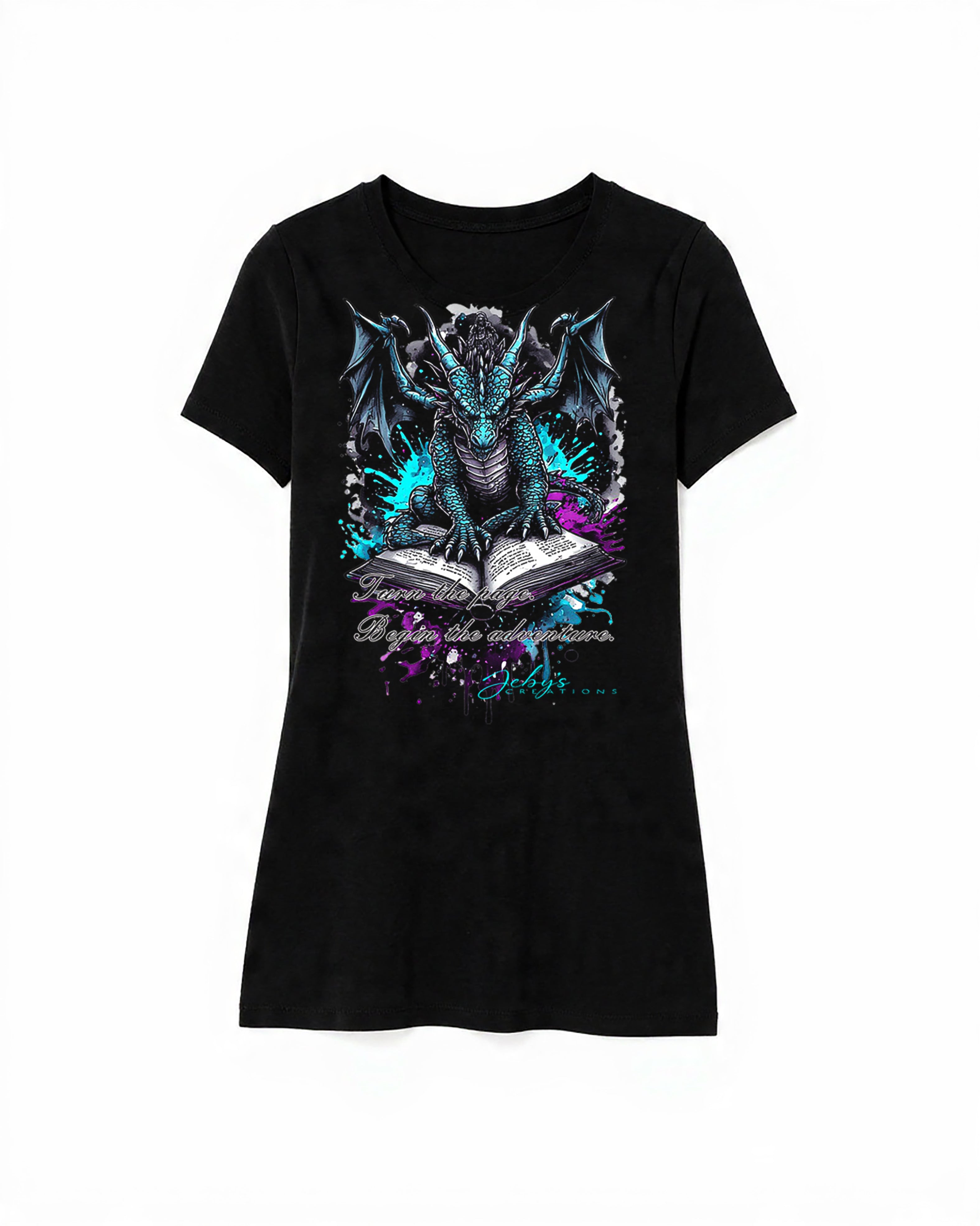 Black t-shirt with a dragon graphic and text on a white background