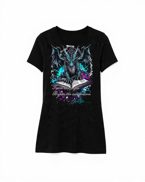 Black t-shirt with a dragon graphic and text on a white background