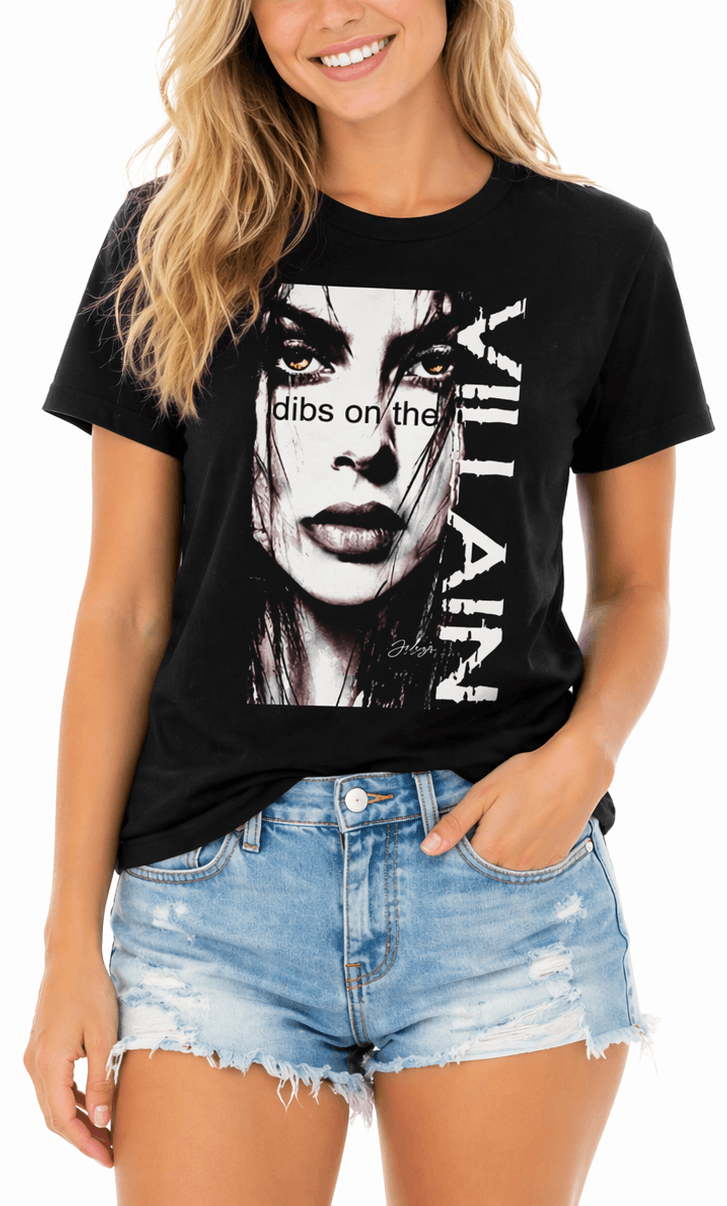 A woman wearing a black t-shirt with graphic design and text Dips on the Villain.