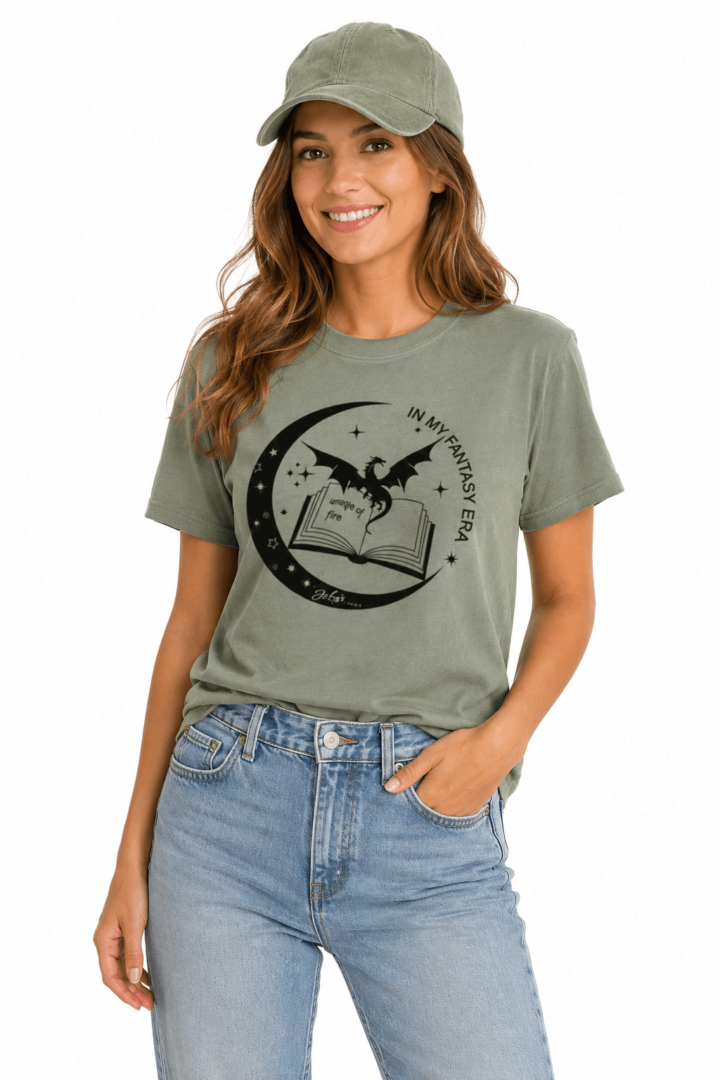 Dragon & Books Fantasy T-Shirt Woman wearing a moss green t-shirt with a graphic design and a cap, standing against a white background