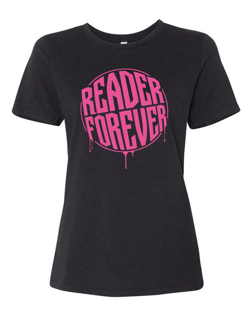 Black t-shirt with pink 'Reader Forever' text on a white background