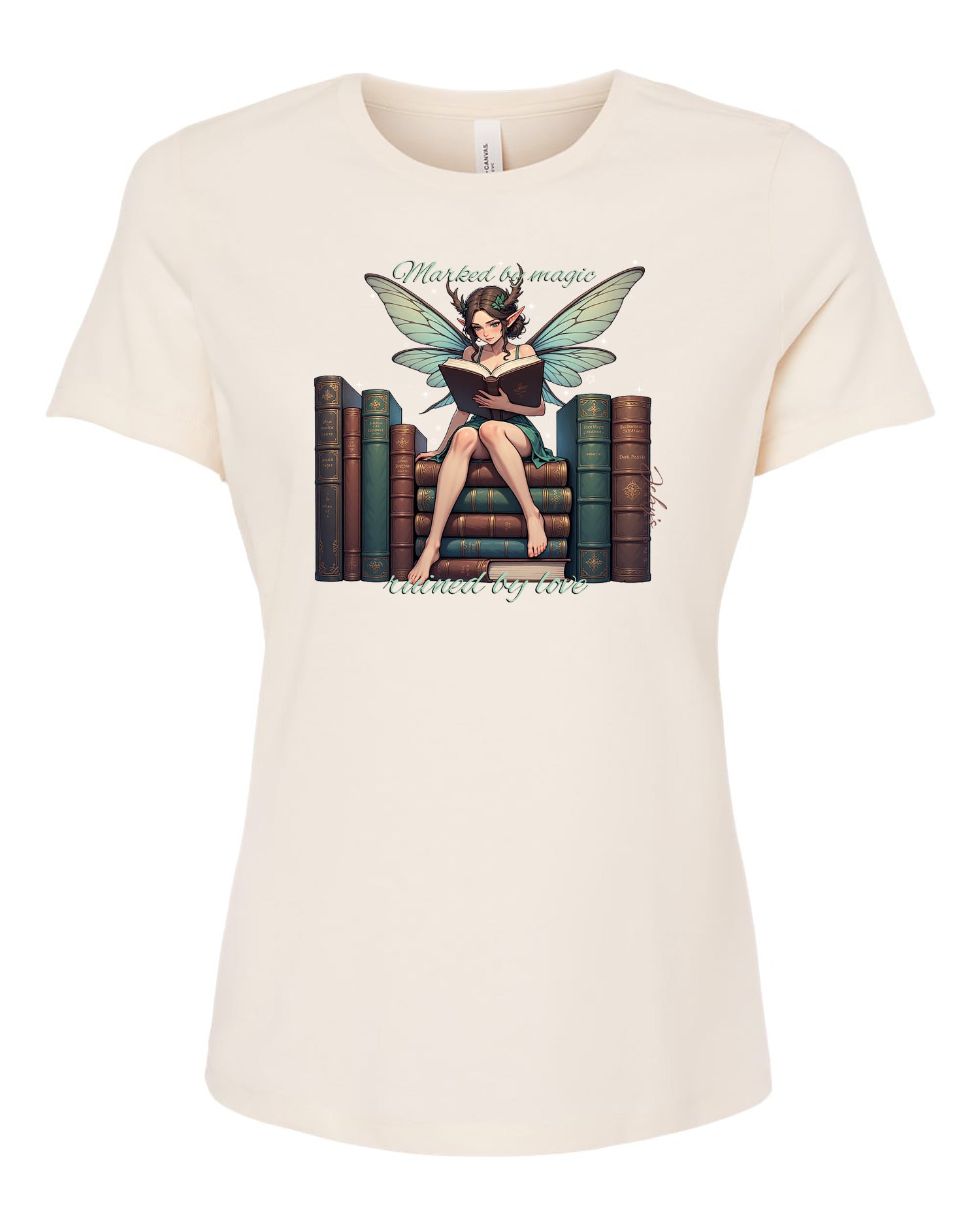 Beige t-shirt with a fairy graphic and text on a white background