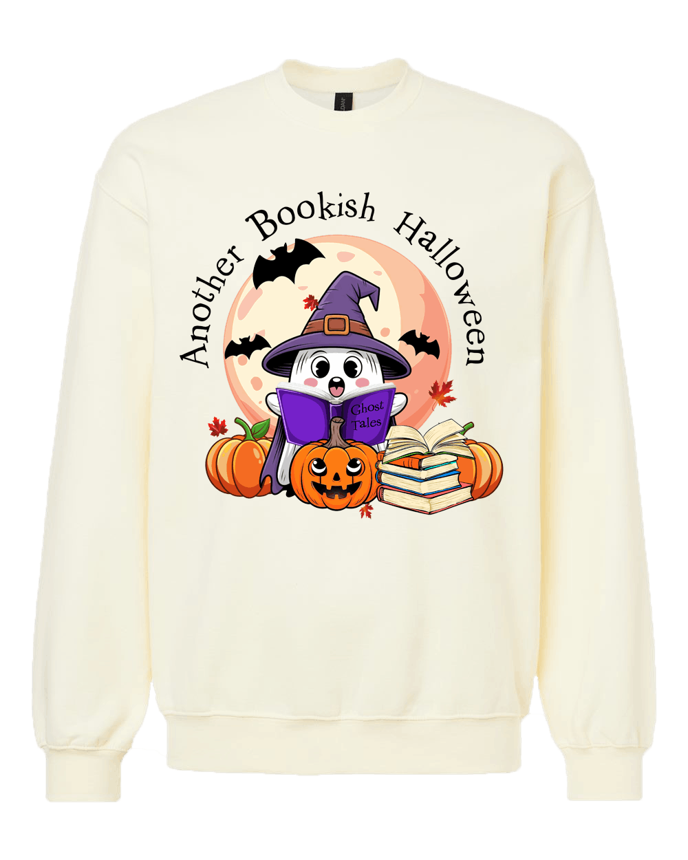 An off-white crewneck sweatshirt featuring a colorful graphic of a cartoon ghost in a witch hat reading a book, surrounded by pumpkins, books, bats, and the text 'Another Bookish Halloween'.