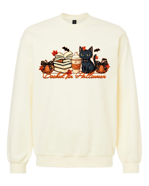 Booked for Halloween Sweatshirt | Black Cat Reader Cream Crewneck — Jeby's Creations