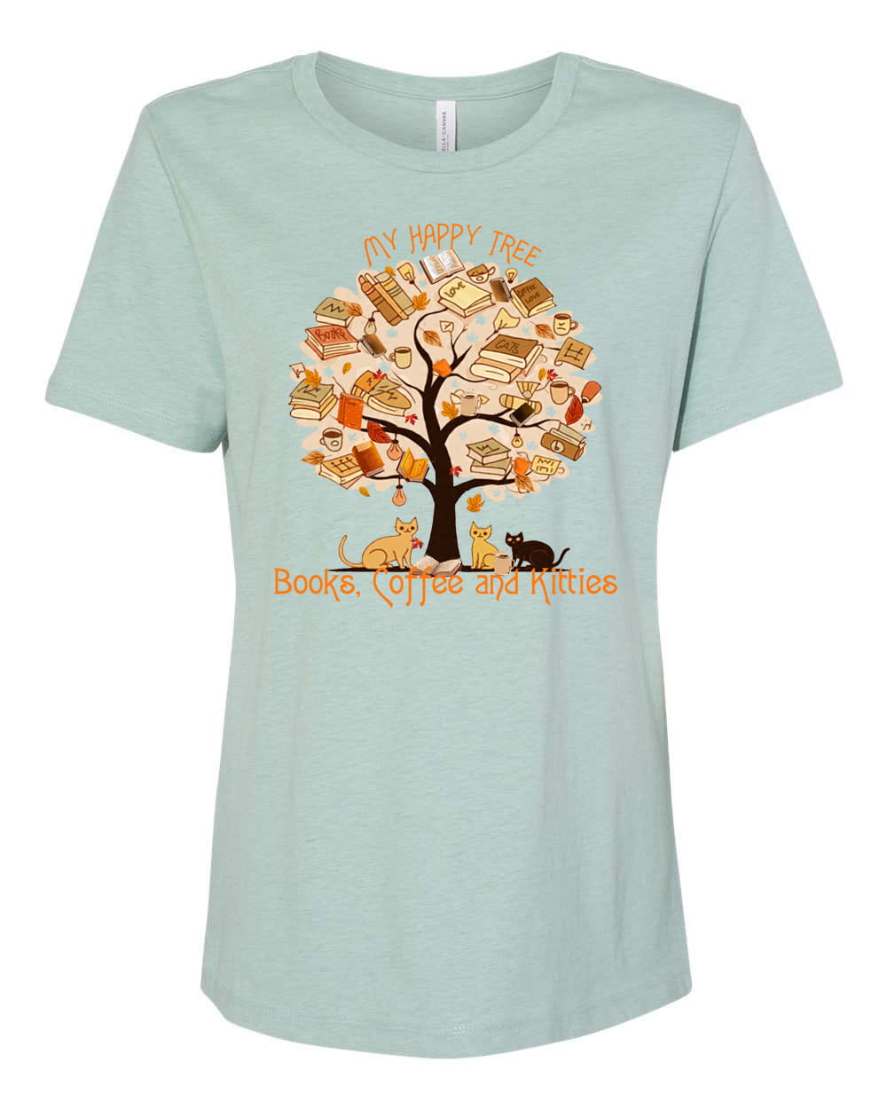 Light blue t-shirt with a graphic of a tree, books, coffee, and cats on a white background