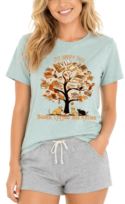 Woman wearing a light blue t-shirt with a tree graphic and text, paired with gray shorts.
