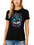Person wearing a black t-shirt with a dragon graphic design on a white background