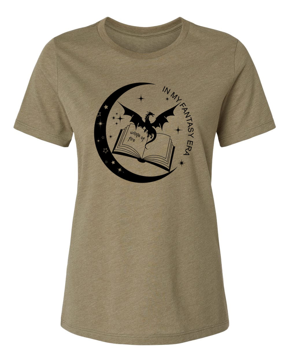 Khaki t-shirt with a dragon and book graphic on a white background