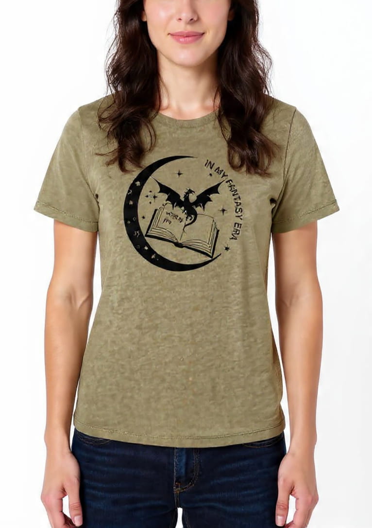 Person wearing a green t-shirt with a graphic design on a white background