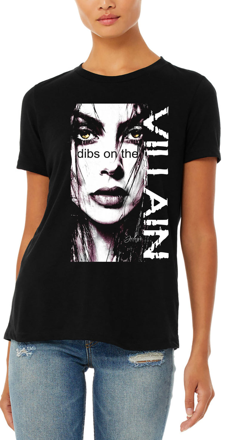 Black t-shirt with graphic design and text worn by a person on a white background