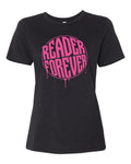 Black t-shirt with pink 'Reader Forever' text on a white background