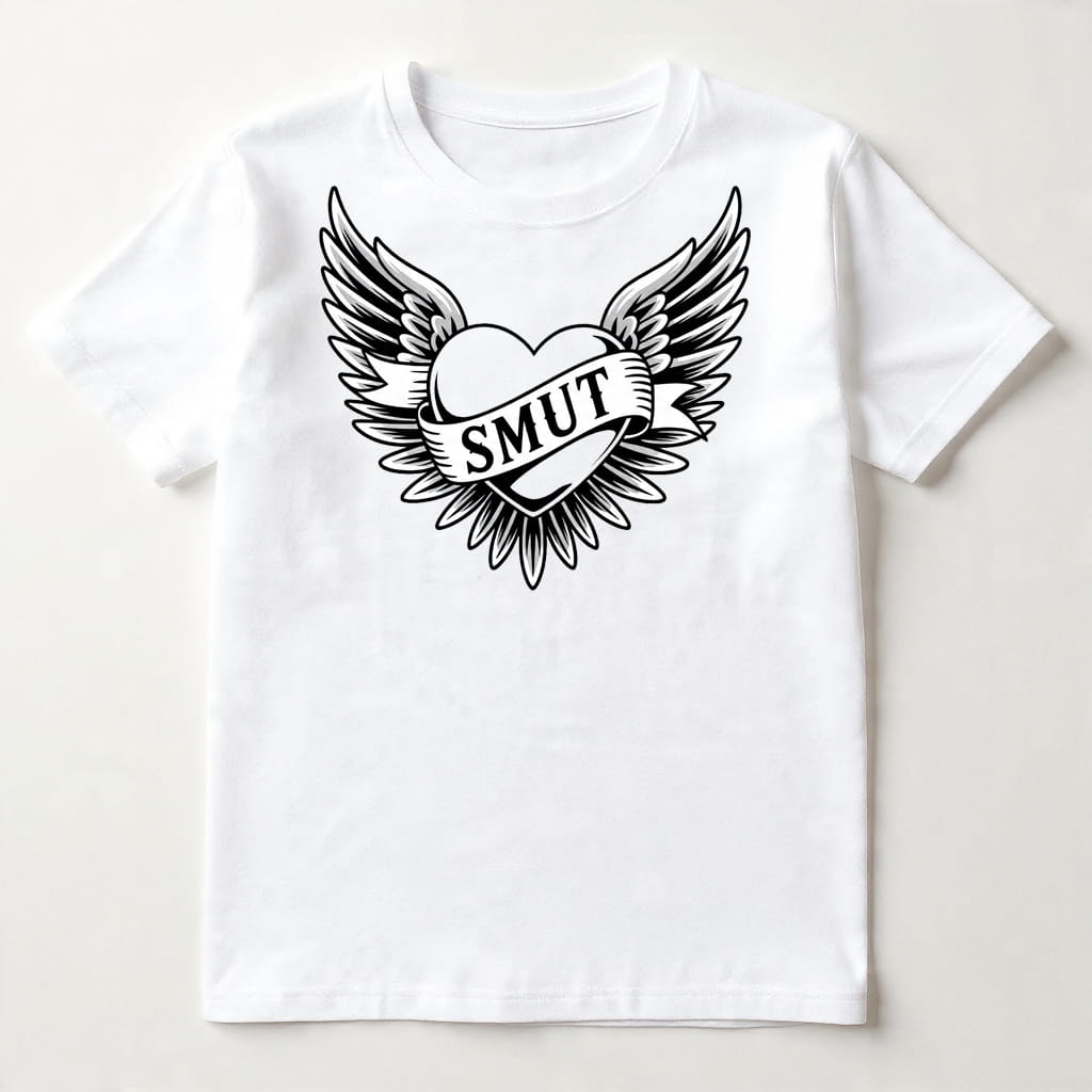 White t-shirt with black heart and wings design on a white background