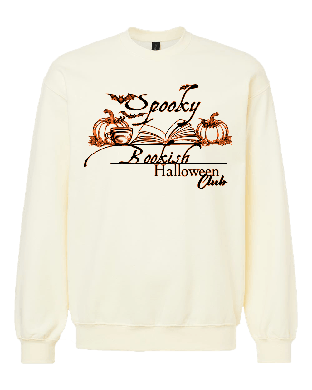 Cream unisex crewneck sweatshirt with elegant hand-drawn spooky bookish Halloween club design featuring open book, pumpkins, coffee cup, bats and leaves with calligraphy text
