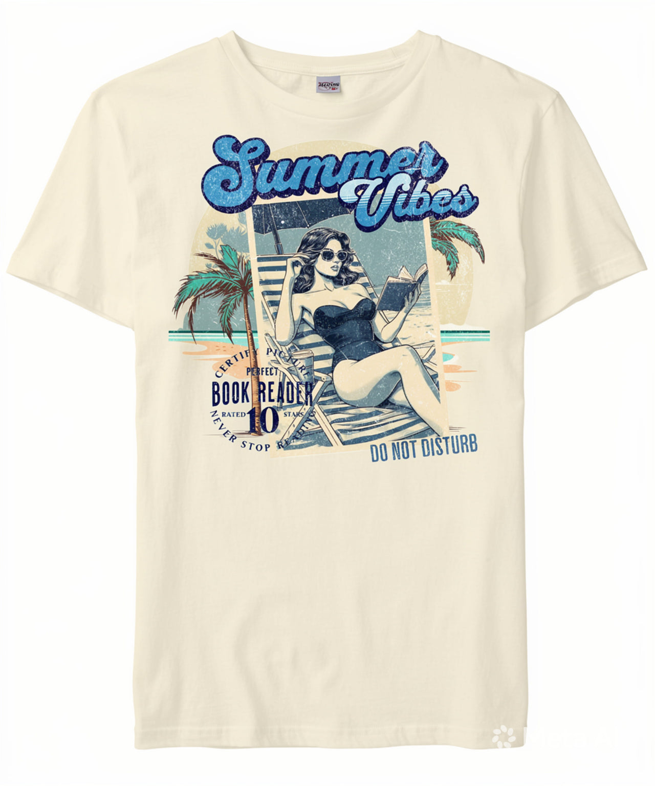 Beige t-shirt with a graphic of a woman on a beach and 'Summer Vibes' text. The Book Readers T-shirt