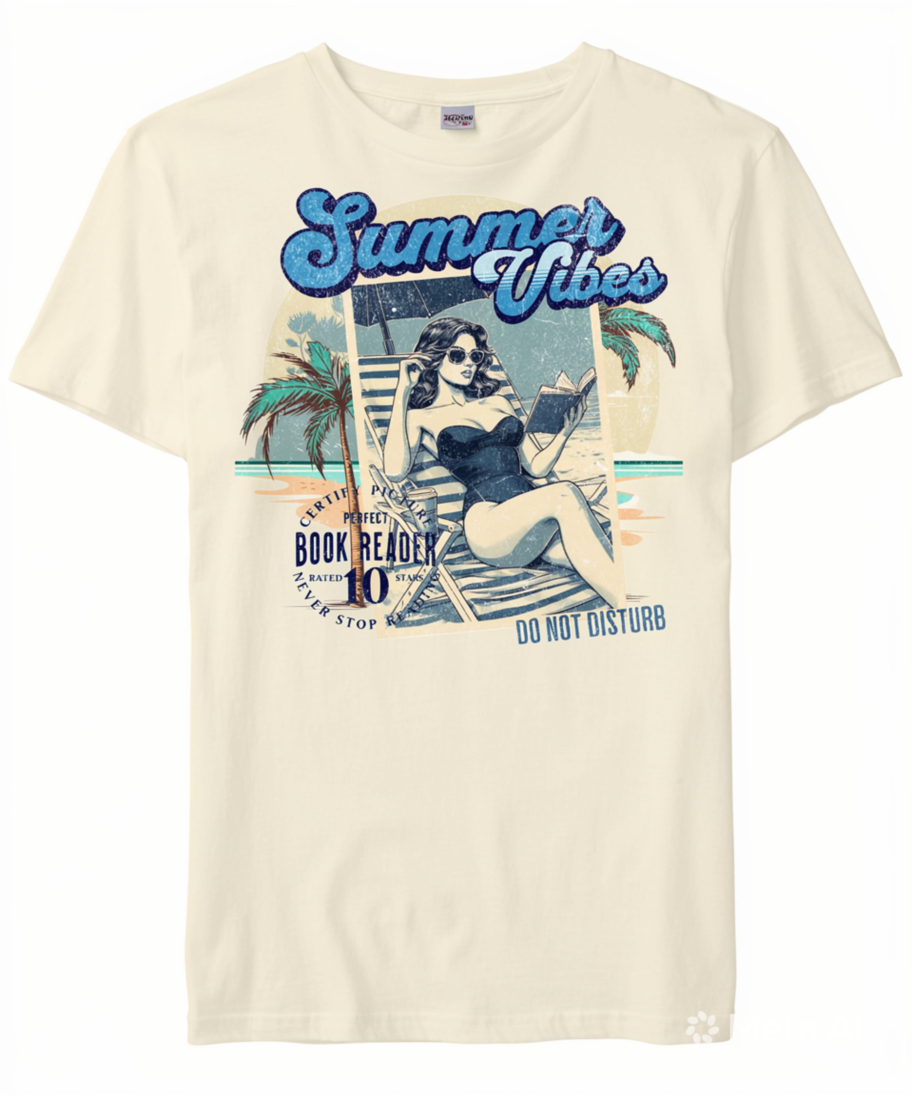 Beige t-shirt with a graphic of a woman on a beach and 'Summer Vibes' text. The Book Readers T-shirt