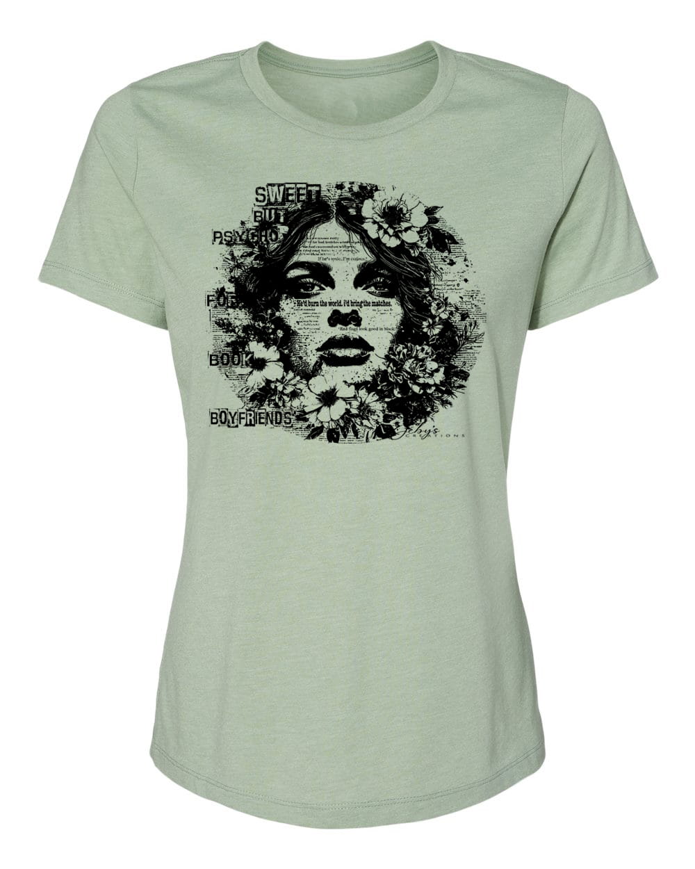 Light green t-shirt with a graphic design on a white background