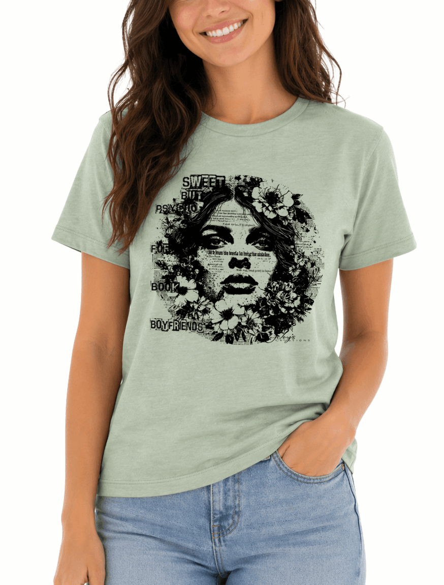 Woman wearing a light green t-shirt with a graphic design on a white background