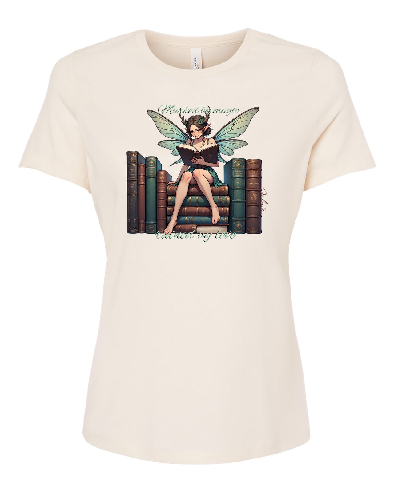 Beige t-shirt with a fairy graphic and text on a white background