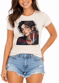 Woman wearing a t-shirt with a graphic design of a person holding a sword.