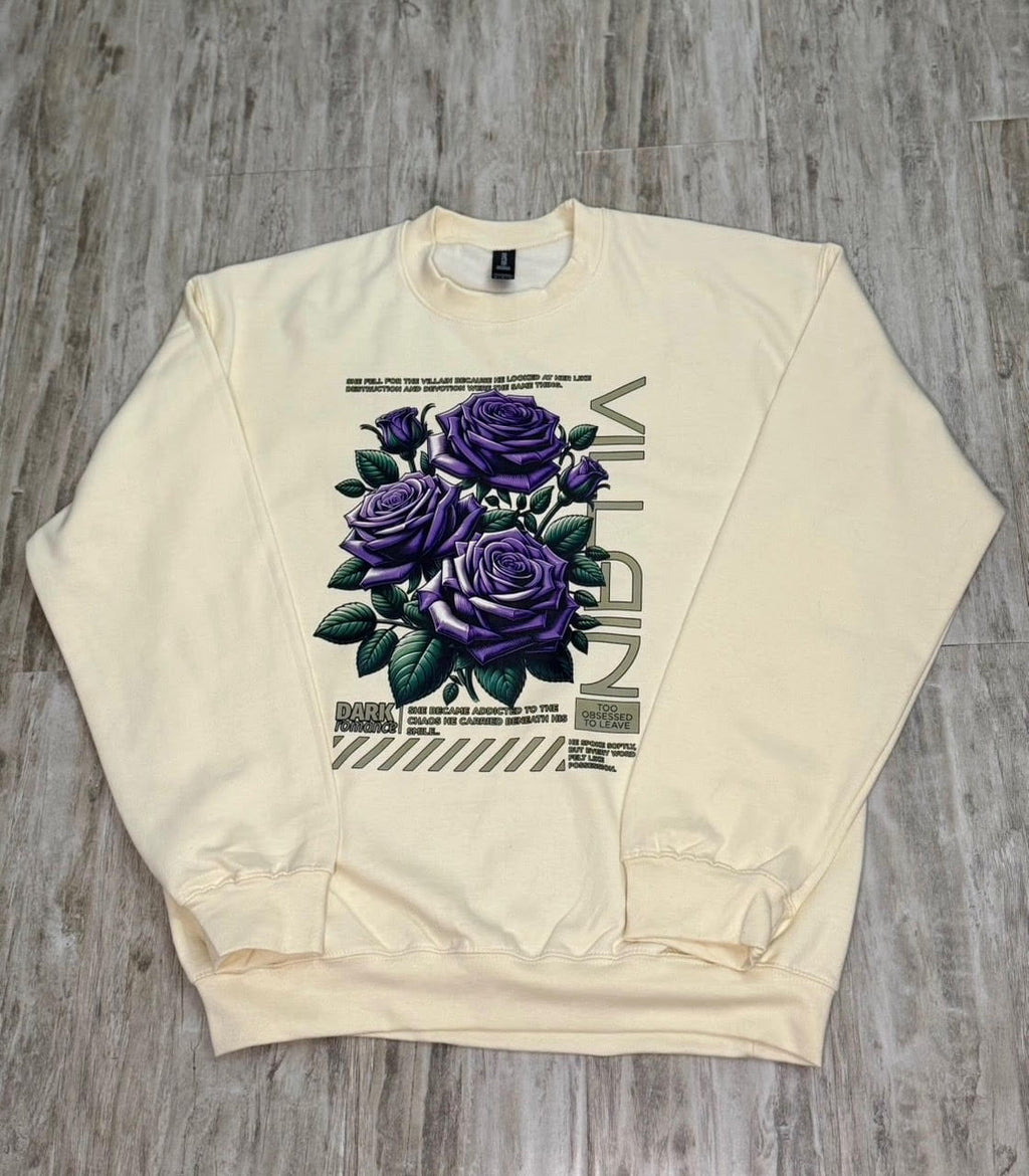 Cream unisex sweatshirt with purple roses graphic and "VILLAIN" text design for dark romance readers

