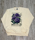 Cream unisex sweatshirt with purple roses graphic and "VILLAIN" text design for dark romance readers

